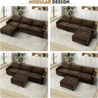 108'' Chenille Sectional Couch with Storage Armrests,L Shaped Upholstered Sofa with Movable Ottoman, 4-Seat Modular Couch with Cup Holders for Living Room, Brown