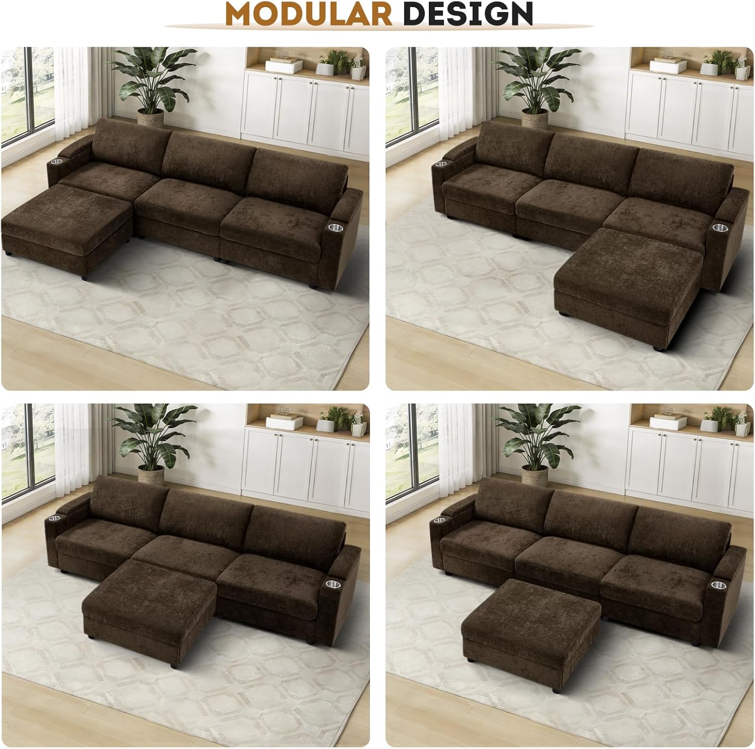 108'' Chenille Sectional Couch with Storage Armrests,L Shaped Upholstered Sofa with Movable Ottoman, 4-Seat Modular Couch with Cup Holders for Living Room, Brown