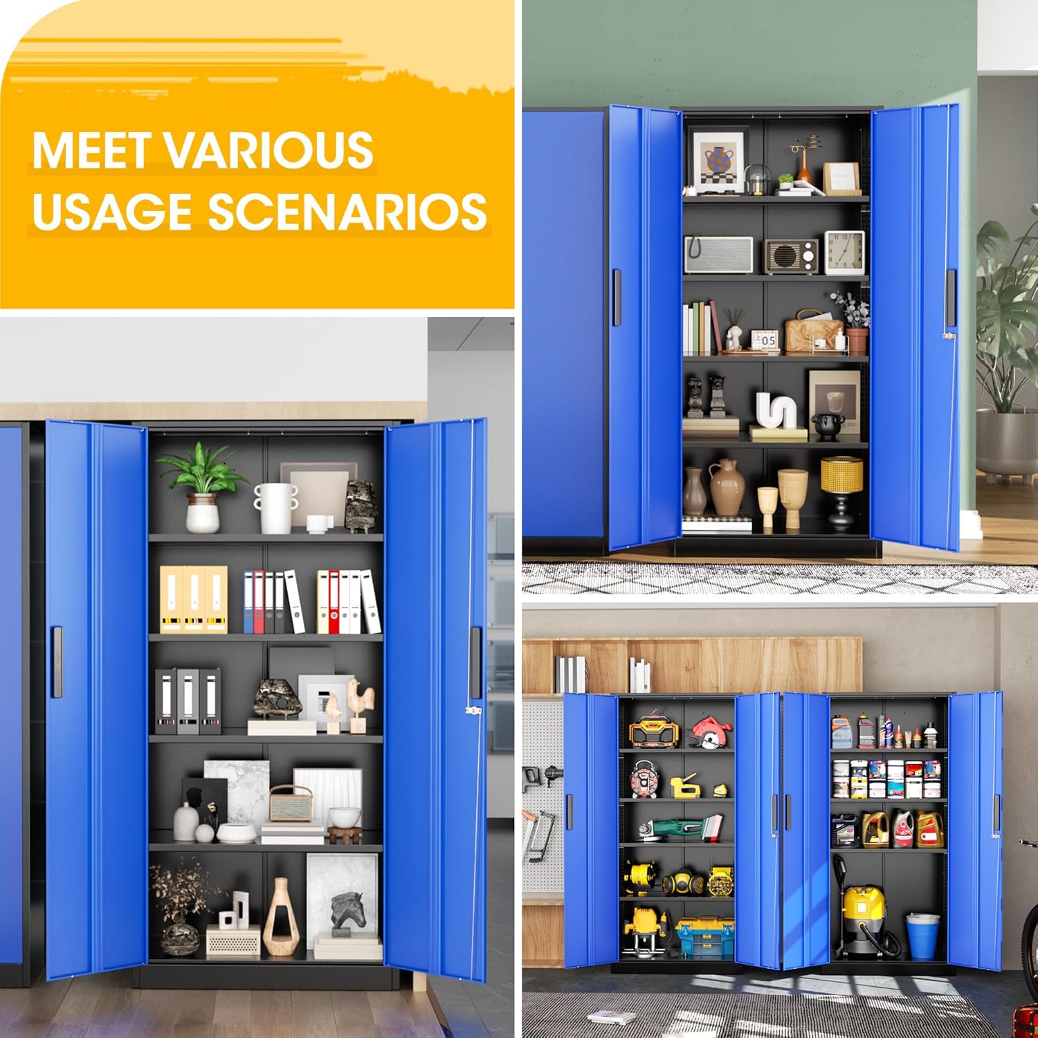 Greenvelly Metal Storage Cabinet, Steel Garage Cabinet with Doors and Adjustable Shelves, Metal Cabinet with Lock,Tall Metal Office Storage Cabinet for Garage,Home Office,School (Black Blue)