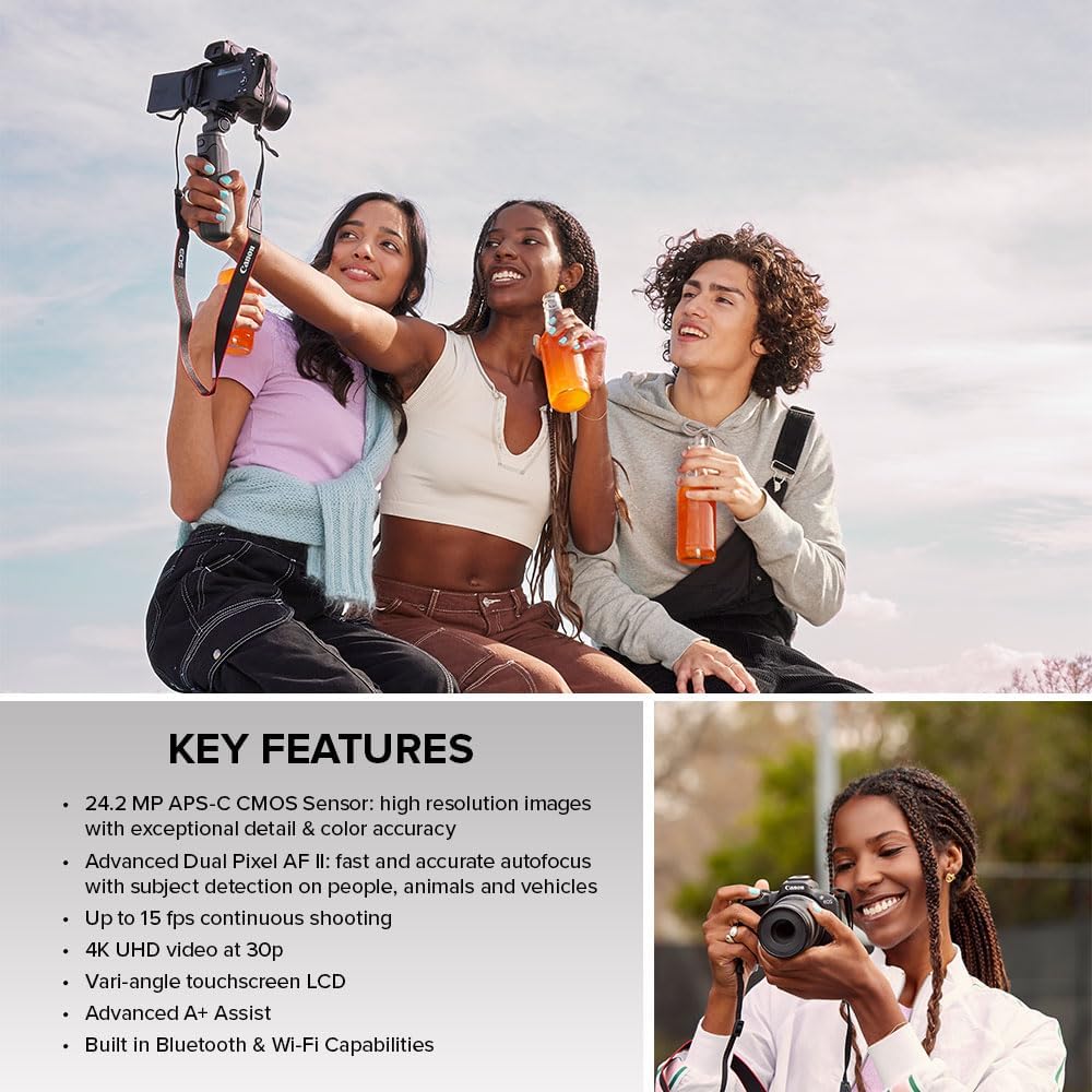 Canon EOS R50 Mirrorless Camera RF-S18-45mm F4.5-6.3 is STM Lens Kit  24.2 Megapixel CMOS (APS-C) Sensor  4K Video  Hybrid Camera  Photo and Video  Vlogging  Content Creator  RF Mount  Black