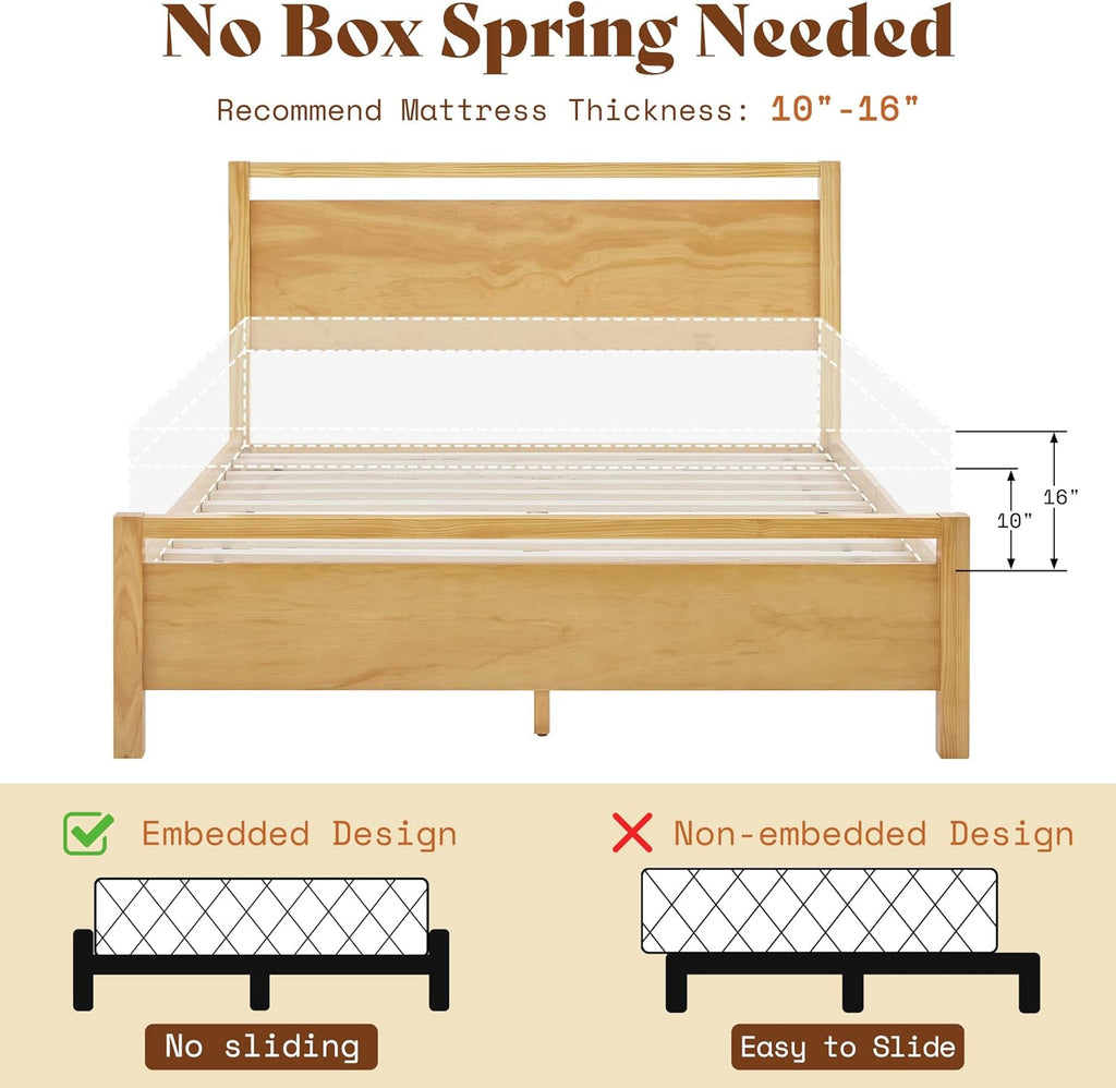 AMERLIFE Full Size Solid Wood Bed Frame with Headboard, Minimalist Platform Bed with Wood Slats Support/No Box Spring Needed/Easy Assembly/Noise-Free, Natural