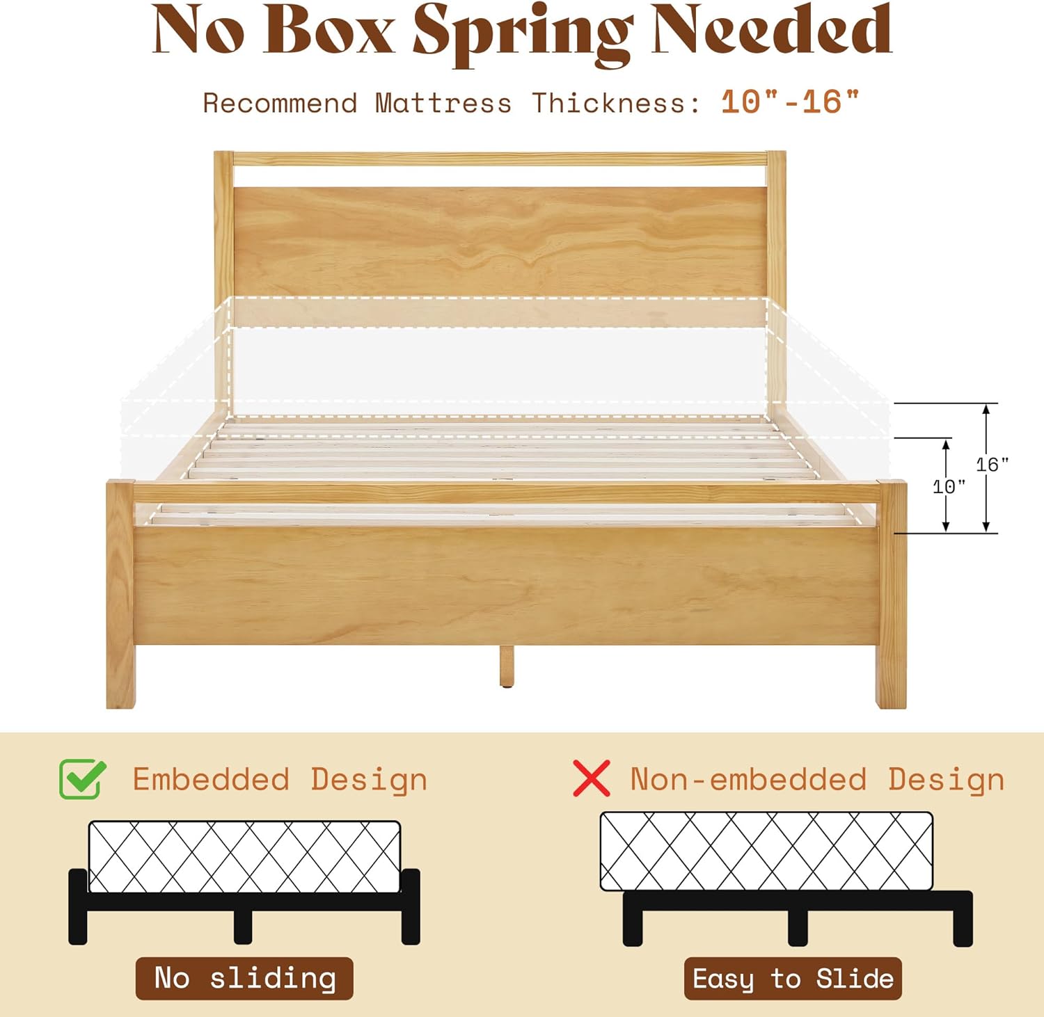 AMERLIFE Full Size Solid Wood Bed Frame with Headboard, Minimalist Platform Bed with Wood Slats Support/No Box Spring Needed/Easy Assembly/Noise-Free, Natural