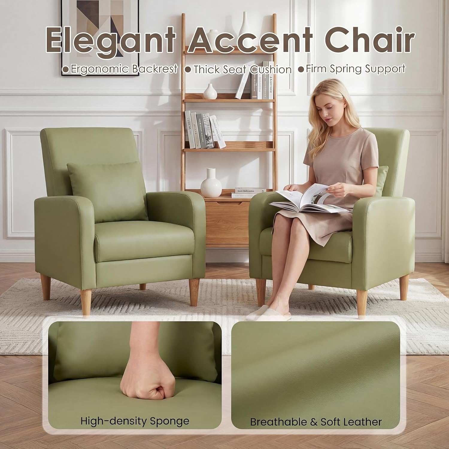 COLAMY Mid-Century Modern Upholstered Accent Chair with Back Pillow & Solid Wood Legs, Leather Cozy Armchair for Living Room, Bedroom, Reading Nook, Apartment & Small Spaces, Green