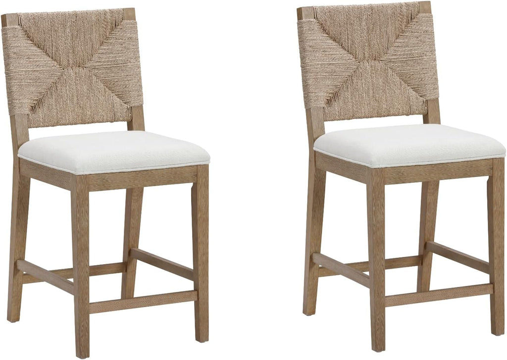 Nathan James Beacon Bohemian Boucle Bar Stool, Upholstered Counter Height Chair with Solid Wood Frame and Woven Seagrass Back for Kitchen Island, Light Brown/Seagrass/Cream Boucle, Set of 2