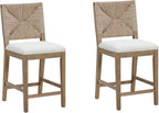 Nathan James Beacon Bohemian Boucle Bar Stool, Upholstered Counter Height Chair with Solid Wood Frame and Woven Seagrass Back for Kitchen Island, Light Brown/Seagrass/Cream Boucle, Set of 2