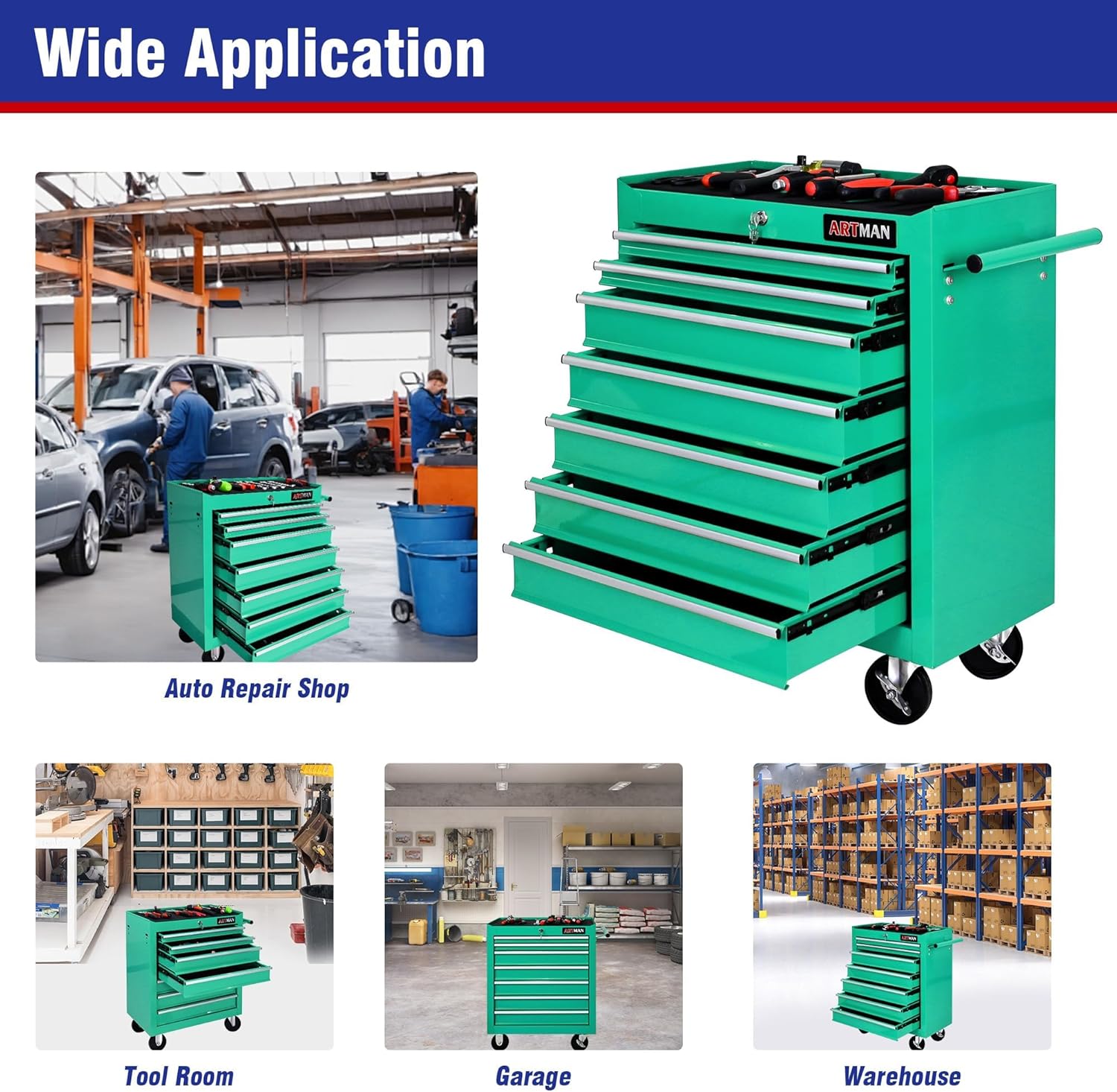 7 Drawers Rolling Tool Cart on Wheels, Multifunctional Organizer Tool Chest Tool Case, Trolley Tool Storage Tool Box for Workshop,Garage,Repair Shop (7 Drawers 24.2" W×12.9" D×29.9" H-Green)