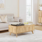 BERRYMERRY Lift Top Coffee Table with Hidden Storage, Farmhouse Fluted Coffee Table with Wave Profile, Rising Top Rectangular Center Table for Living Room (Natural Oak)