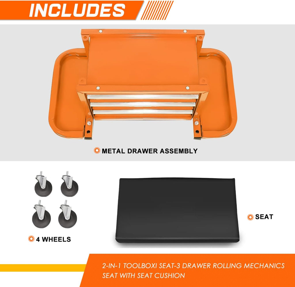 PM PERFORMOTOR 3-Drawer Tool Chest Rolling Mechanic Seat with Tool Trays,350lbs Max Weight Capacity, Orange,PM-TOL-RST1-OG
