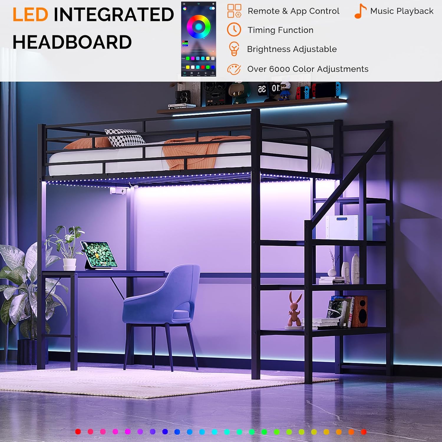 VINGLI Twin Loft Bed with Desk,15'' Extra High Safety Guardrail with 2 Charging Station,Heavy Duty Metal Loft Bed Frame with Staircase,LED Light, Kids/Teens/Adults,Black