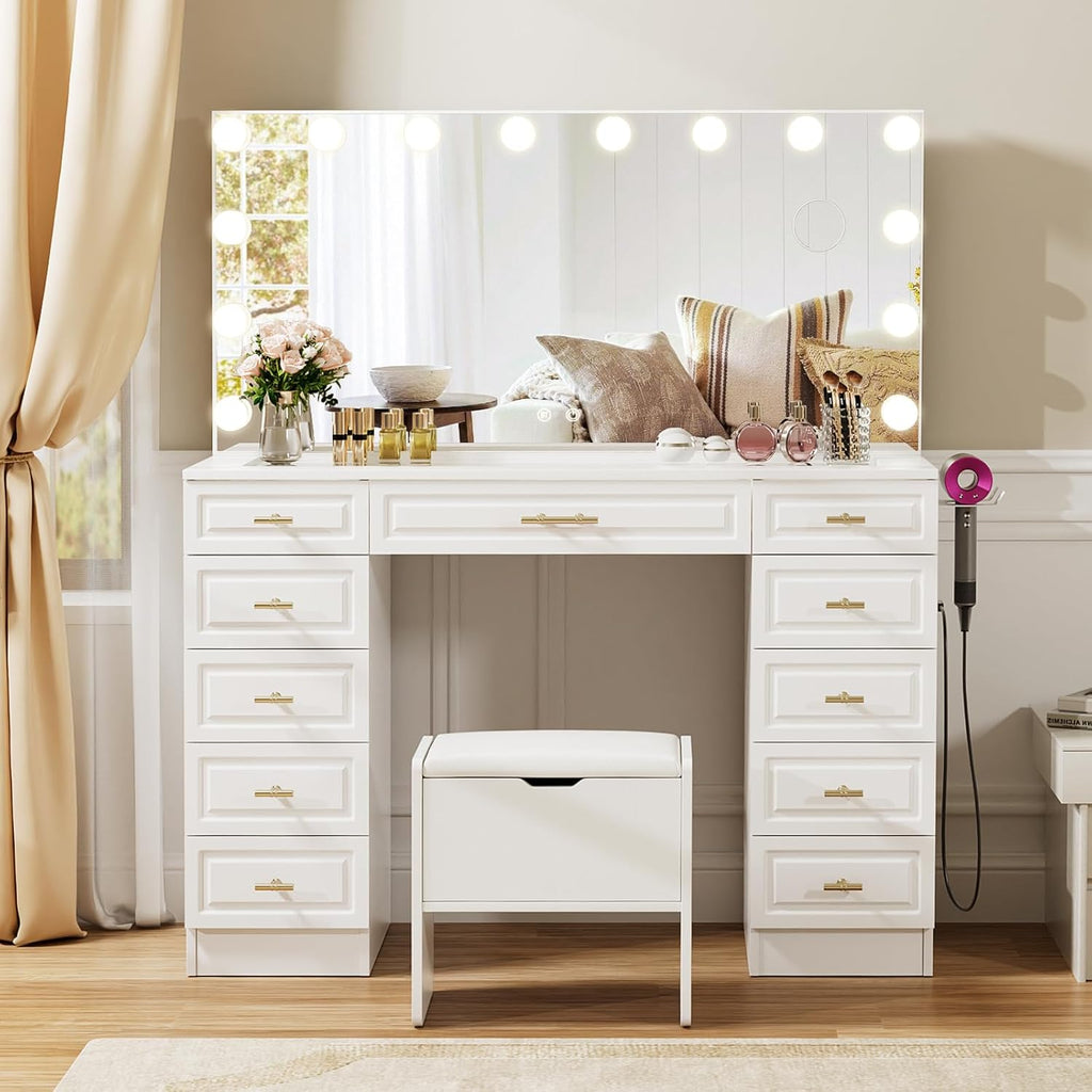 VOWNER Vanity with Lighted Mirror - Glass Top Makeup Vanity Desk w/Bluetooth Speaker, 14 Lights and 11 Drawers, 3 Color Lighting Modes Adjustable Brightness, Makeup Desk with Outlet for Bedroom, White