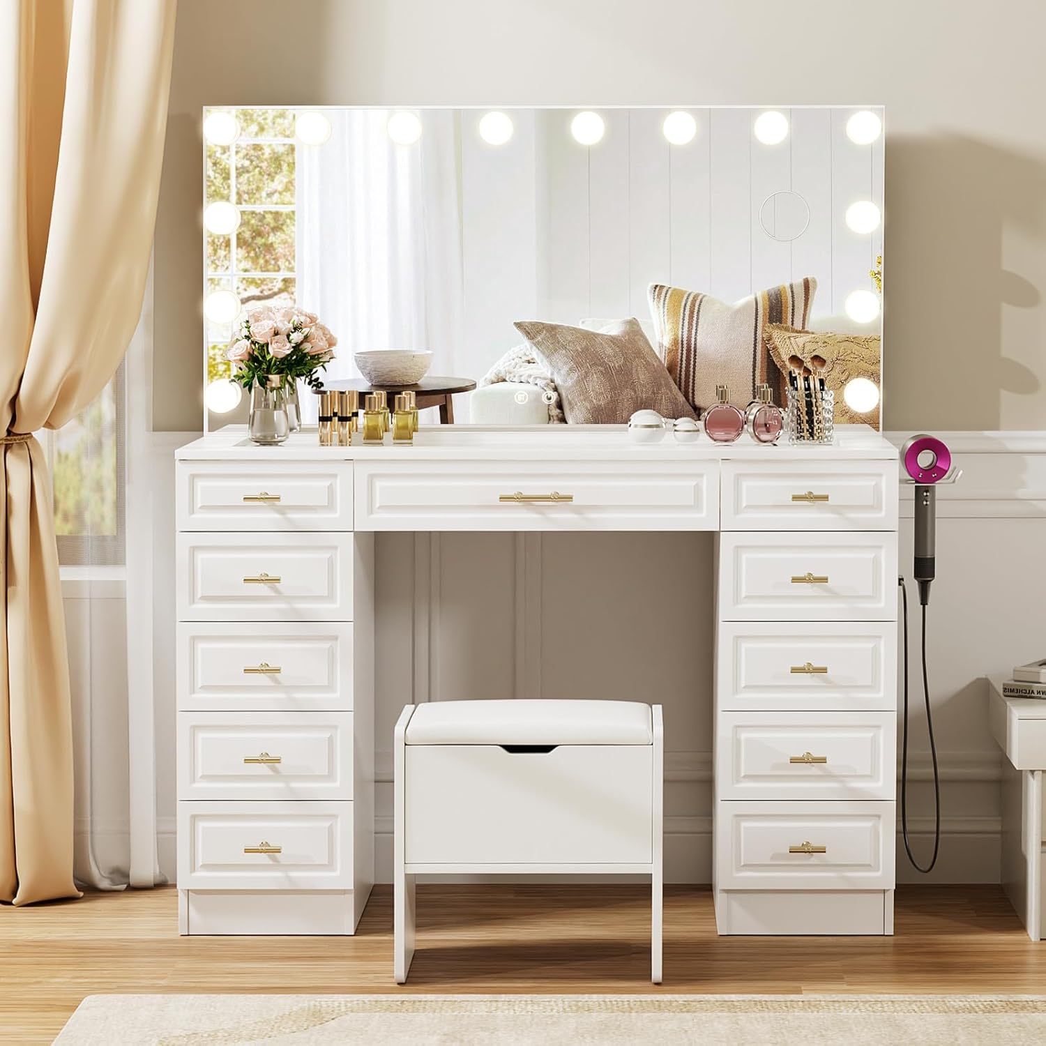 VOWNER Vanity with Lighted Mirror - Glass Top Makeup Vanity Desk w/Bluetooth Speaker, 14 Lights and 11 Drawers, 3 Color Lighting Modes Adjustable Brightness, Makeup Desk with Outlet for Bedroom, White