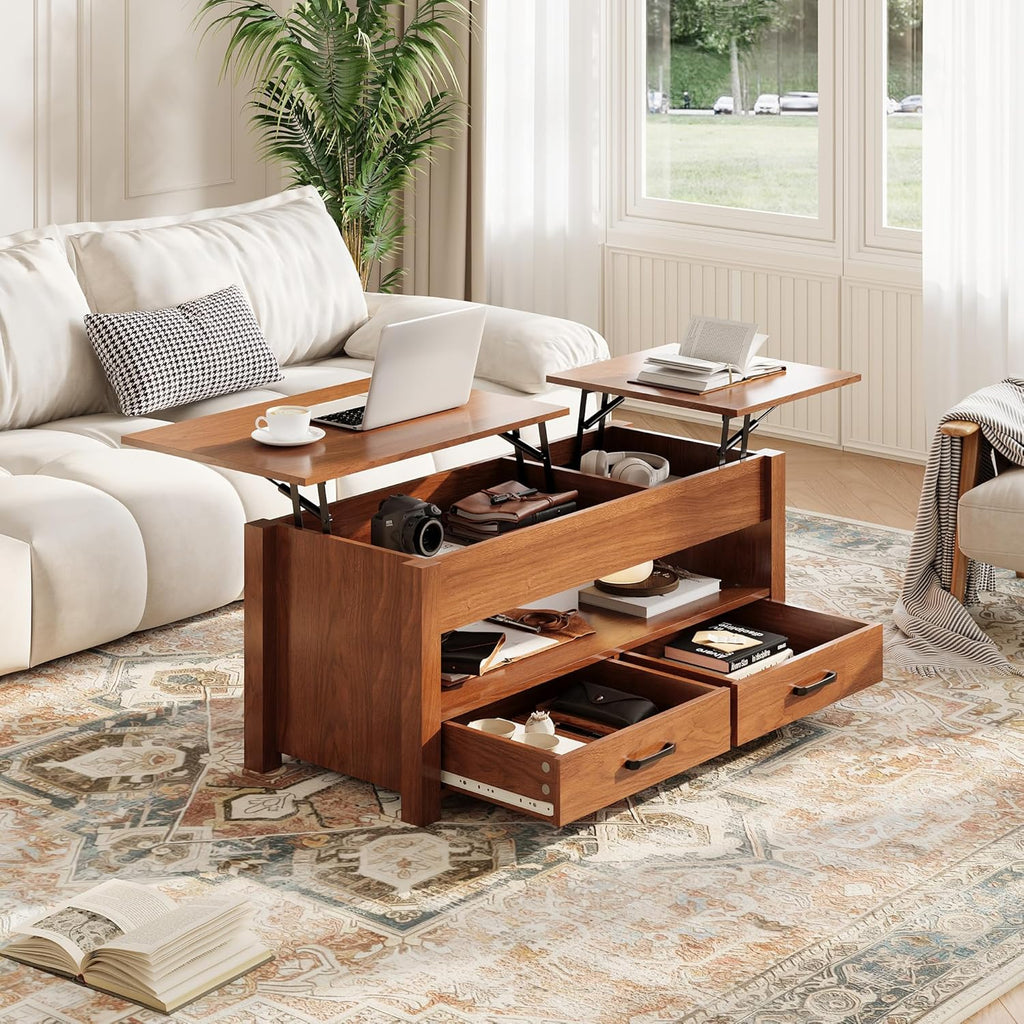 GarveeHome Coffee Table Lift Top, Convertible Coffee Table with Wooden Lift Tabletop, 2 Drawers and Hidden Compartment, Central Table with Storage for Living Room Home Office, Brown