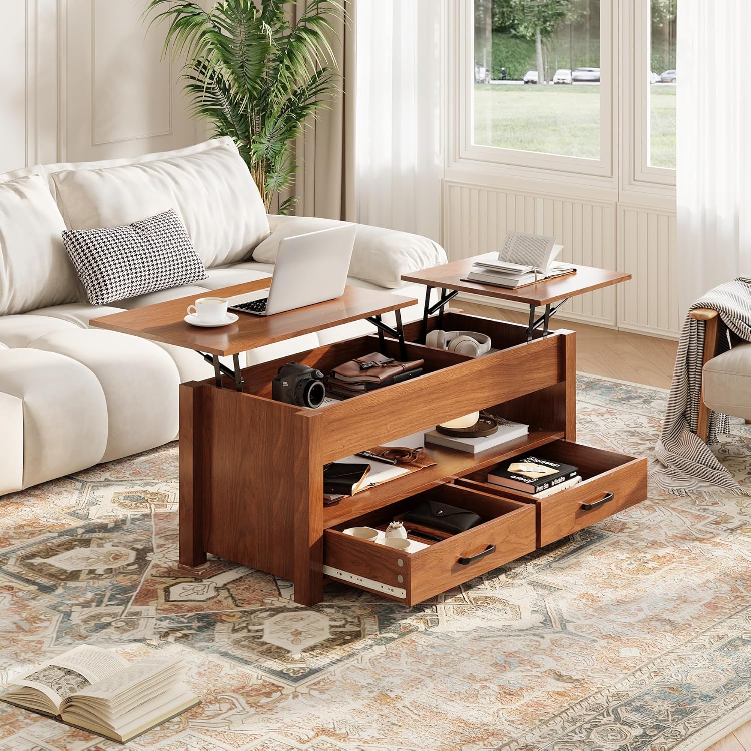 GarveeHome Coffee Table Lift Top, Convertible Coffee Table with Wooden Lift Tabletop, 2 Drawers and Hidden Compartment, Central Table with Storage for Living Room Home Office, Brown