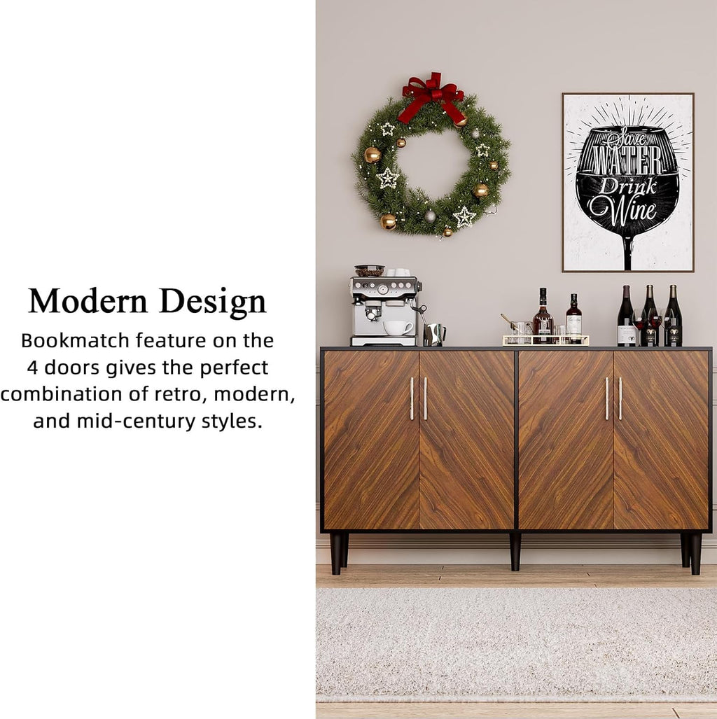 4 EVER WINNER 58" Buffet Cabinet with Storage, Coffee Bar Cabinet with 4 Large Doors, Storage Cabinet with Adjustable Shelves for Living Room, Kitchen, Black