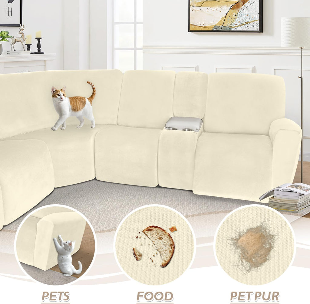Arfntevss Sectional Recliner Couch Covers Velvet Washable Corner Sectional Sofa Cover for Reclining Stretch Soft Thick L Shape Recliner Slipcover Set (5 Seat with 1 Console Cover, Beige)