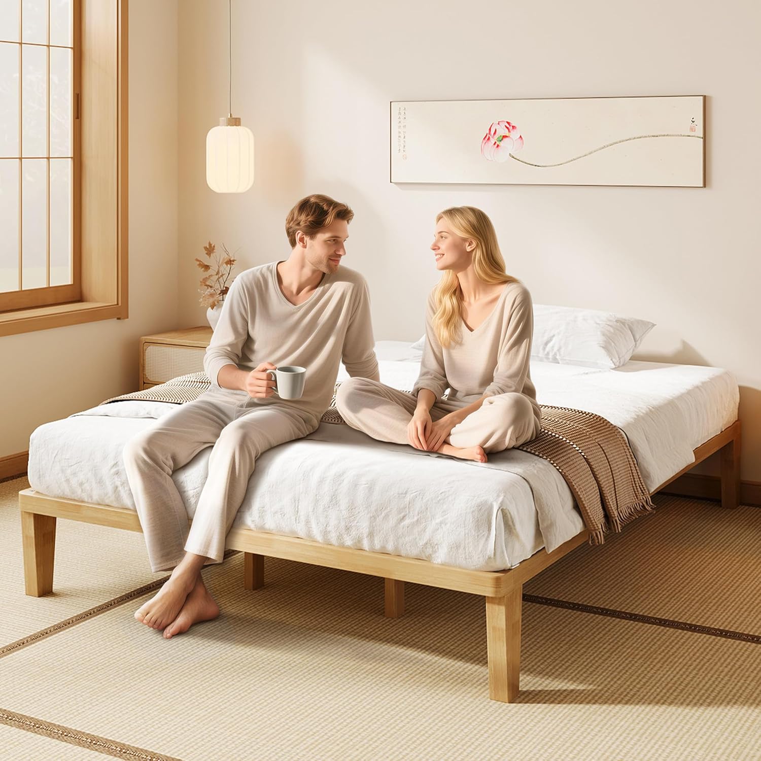 IOTXY Full Platform Bed Frame - 12 Inch Solid Wood Mattress Foundation Base with Heavy-Duty Support Slats & Legs, Rubberwood Full-Size Bedframe
