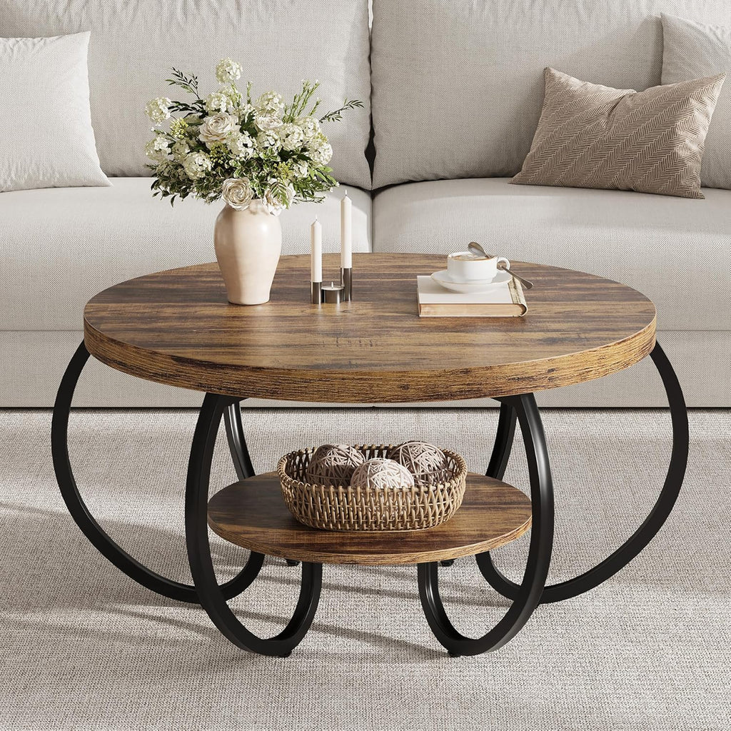 GarveeHome Round Coffee Table 30 in Center Table, 2-Tier Coffee Table Industrial Center Tables with Adjustable Feet, Living Room Tables with Storage Shelf and Designed Wood Grain, Easy Assemble