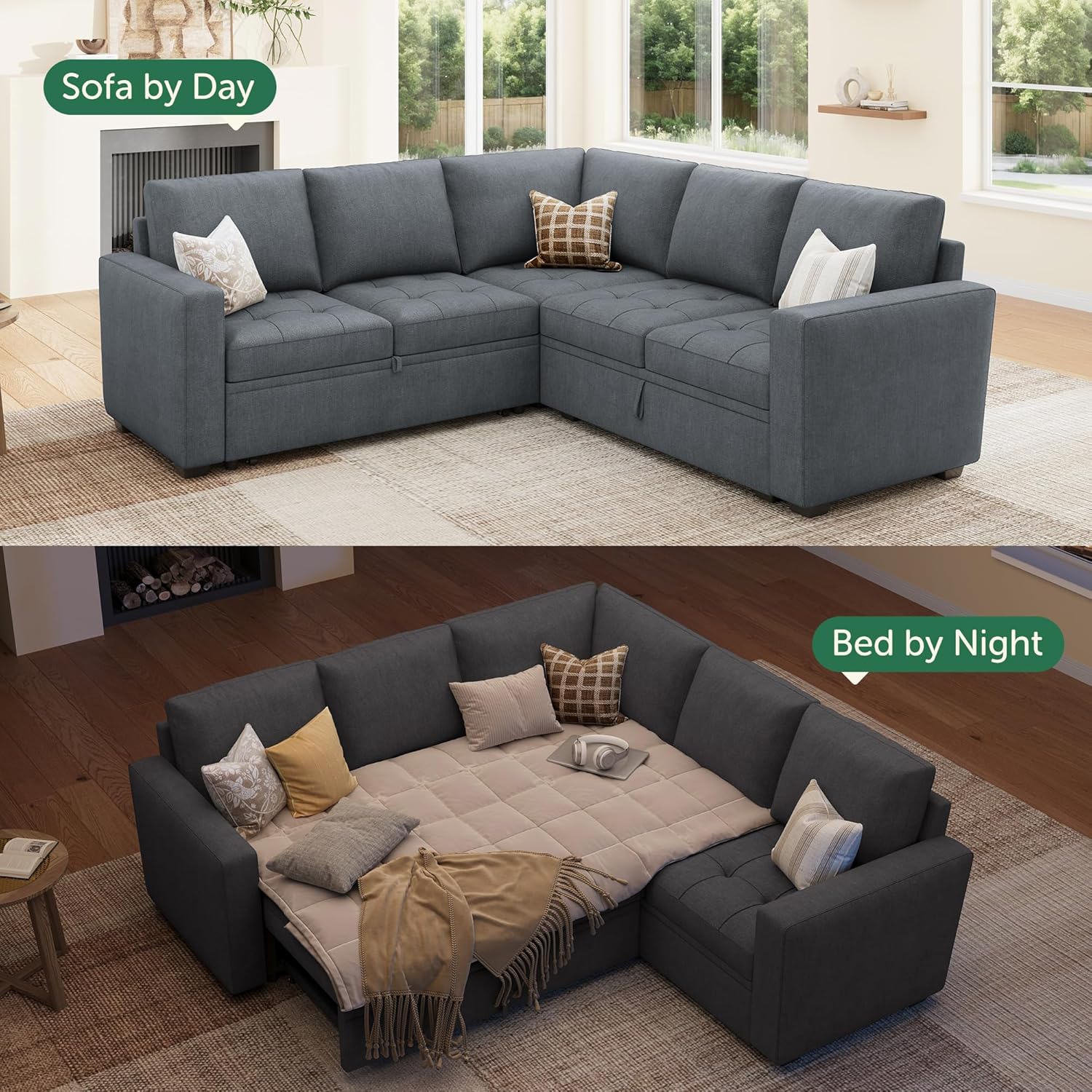 HONBAY Modular Sectional Sleeper Sofa with Pull Out Couch Bed, L Shaped Couch with Storage Seat, Sectional Couches for Living Room,Bluish Grey