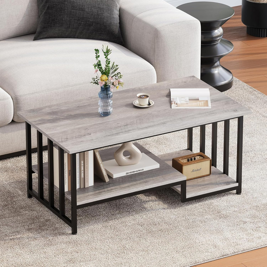 Coffee Table, 39 Inch 2-Tier Farmhouse Rustic Coffee Table with Storage, Modern Rectangle Wooden Center Table, for Living Room, Small Space, Easy Assembly, Wash Gray