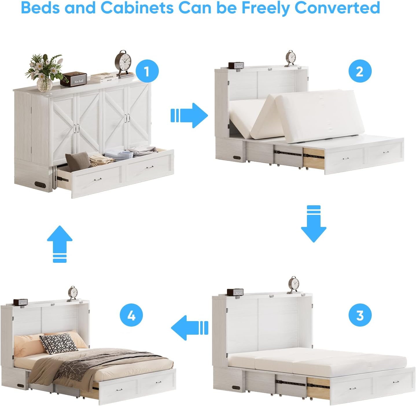 Mjkone Murphy Bed, Cabinet Beds Queen Size with Mattress Included, Built-in Charging Station and Drawer, 63" W Queen Cabinet Murphy Bed, Hidden Guest Beds for Living Room, Bedroom, Apartment, White