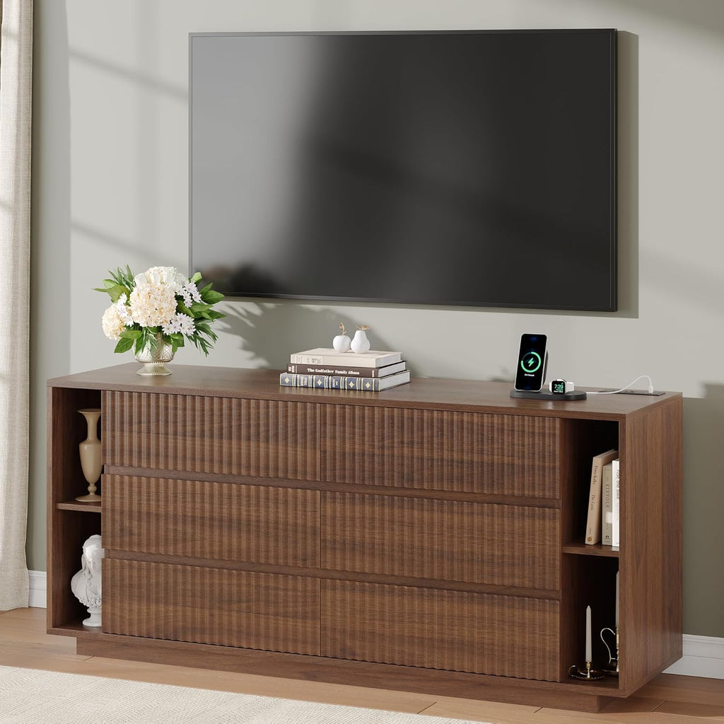 Whalefall 63'' Fluted 6 Drawer Dresser with Shelves, Large Chest of Drawers for Bedroom, Wood Closet Storage Organizer, Modern TV Stand for Living Room, Walnut