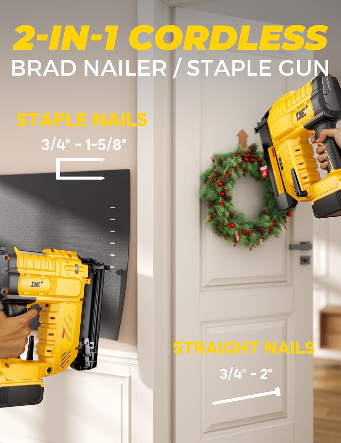 DeForce 18GA Cordless Brad Nailer, 2" Nail Gun for Dewalt 20V Max Battery, 2 IN 1 Electric Stapler, 2026 Upgraded Tool-Free Jam Release, 2 Modes, Adjustable Depth, 1000pcs Nails(No Battery), Yellow