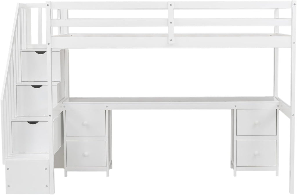 Harper & Bright Designs Low Loft Bed Twin Size with Desk, Twin Loft Bed with Drawers & Stairs & Guardrails for Kids Bedroom Guest Room, Under-Bed Space, No Box Spring Required, Space Saving, White