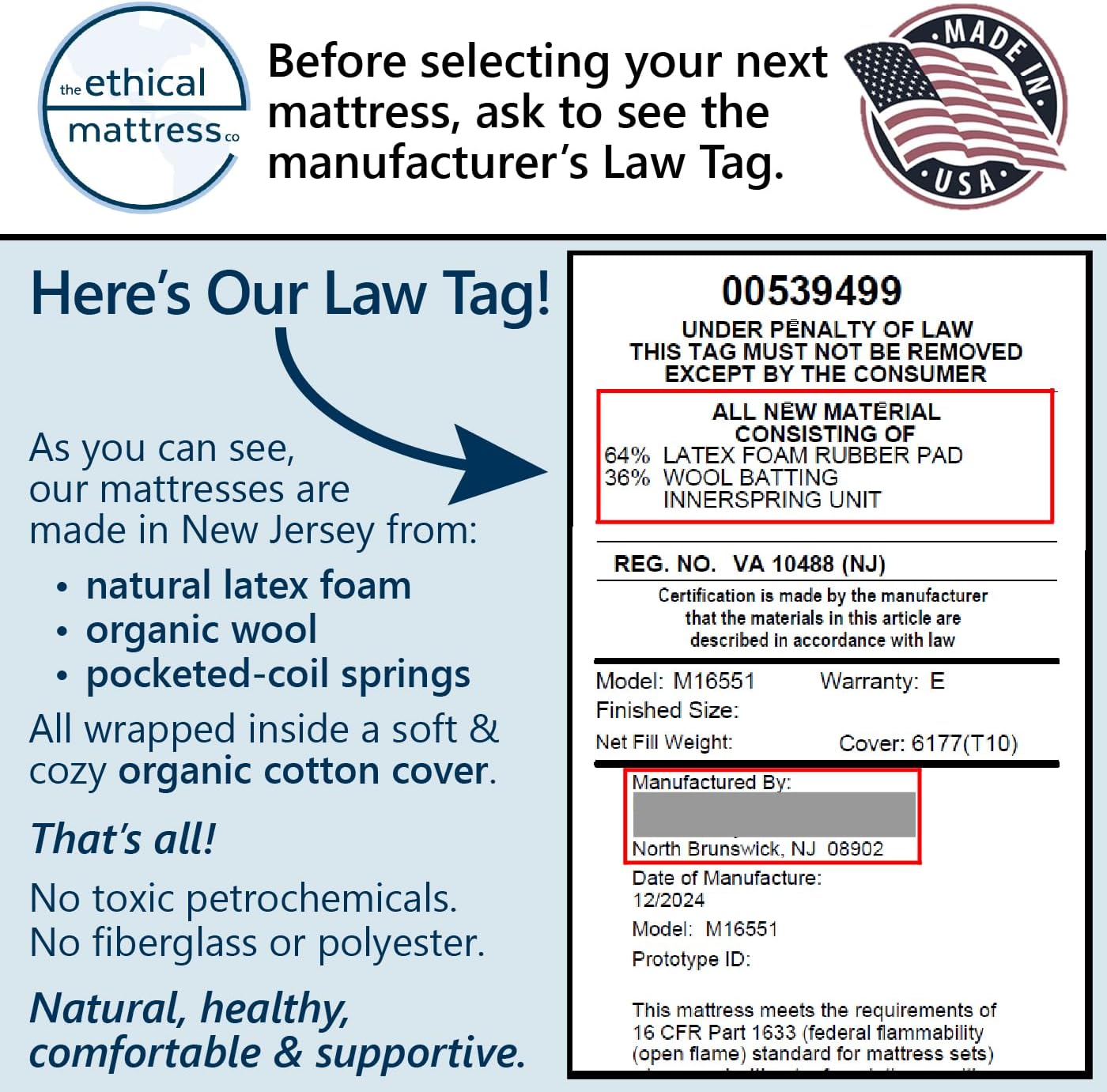 Ethical Mattress CO 10" Toxin-Free Hybrid Mattress, Made in The USA with Organic Cotton, Wool, Latex & Pocketed Coils (No Fiberglass or Polyfoams) Comfortable & Supportive Bed-in-Box - Queen Size