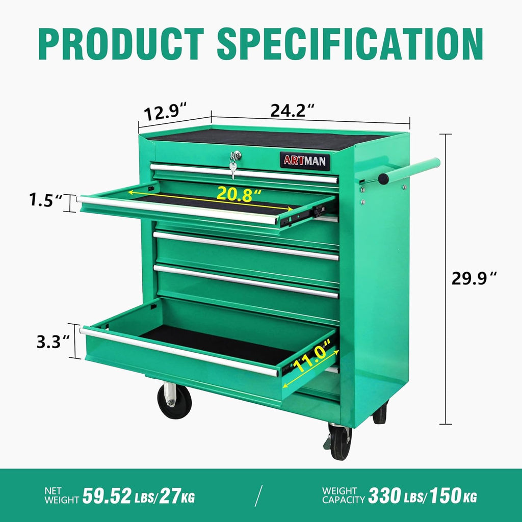 7 Drawers Rolling Tool Cart on Wheels, Multifunctional Organizer Tool Chest Tool Case, Trolley Tool Storage Tool Box for Workshop,Garage,Repair Shop (7 Drawers 24.2" W×12.9" D×29.9" H-Green)