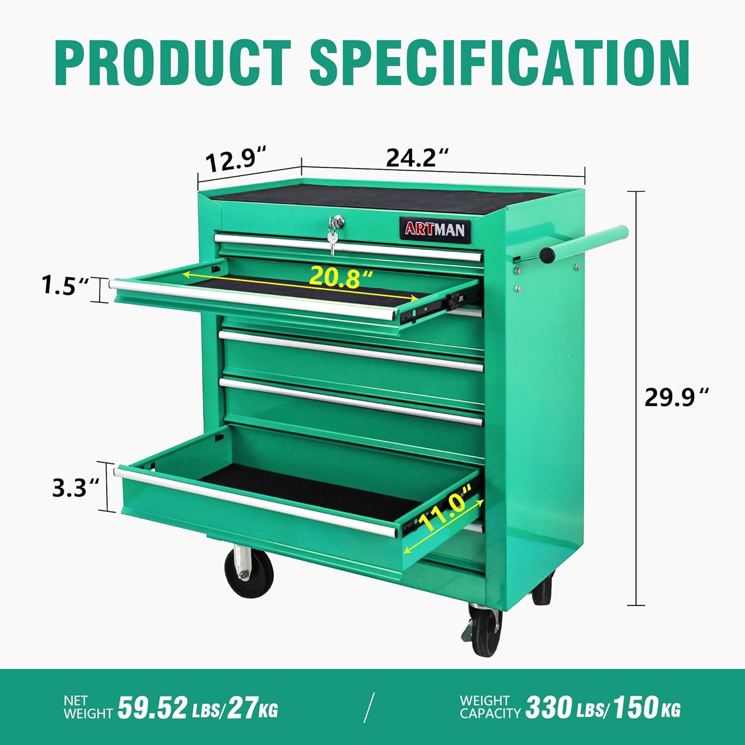 7 Drawers Rolling Tool Cart on Wheels, Multifunctional Organizer Tool Chest Tool Case, Trolley Tool Storage Tool Box for Workshop,Garage,Repair Shop (7 Drawers 24.2" W×12.9" D×29.9" H-Green)