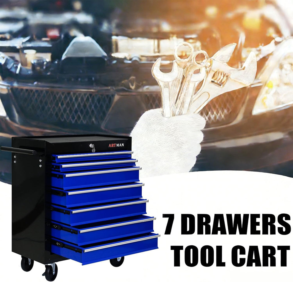 7-Drawer Tool Cart on Wheels, Drawers Rolling Tool Chest with Key Lock, Mobile Trolley Organizer Tools Box with Locking Wheels & Ball Bearing Drawers for Garage,Repair Shop (Black&Blue)