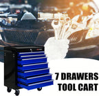 7-Drawer Tool Cart on Wheels, Drawers Rolling Tool Chest with Key Lock, Mobile Trolley Organizer Tools Box with Locking Wheels & Ball Bearing Drawers for Garage,Repair Shop (Black&Blue)