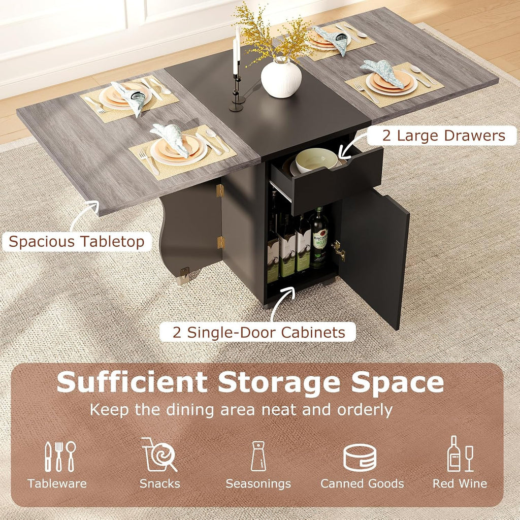Giantex 3-in-1 Folding Dining Table for 4-6, 69-Inches Drop Leaf Kitchen Table with 2 Drawers and 2 Cabinets, Lockable Wheels, Foldable Dinner Tables for Small Spaces, Dinette (Black+Oak)