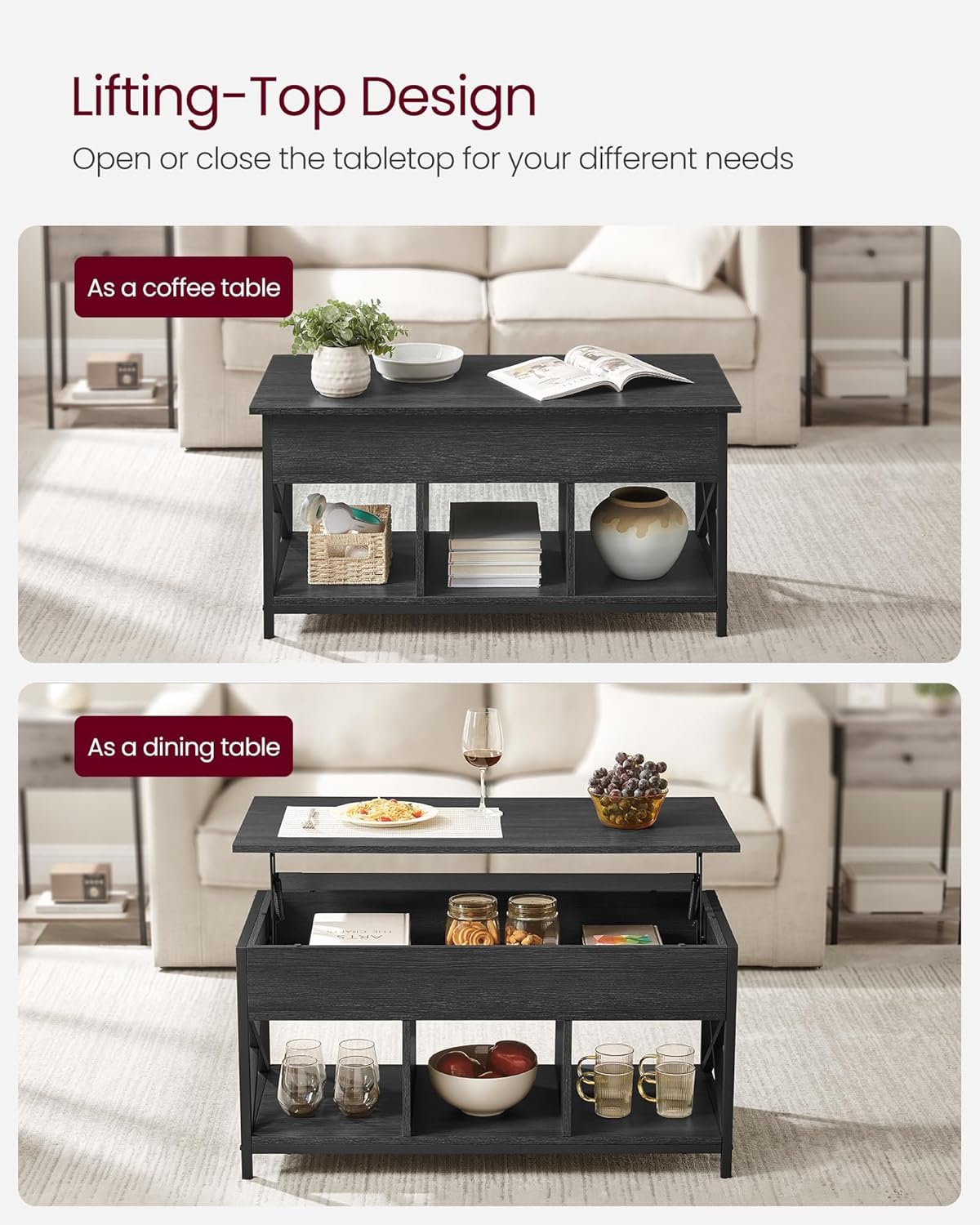 VASAGLE Lift Top Coffee Table, Lift Coffee Table with Storage Shelf, Hidden Compartments and Lifting Top, for Living Room, Office, 19.7 x 39.4 x (19.3-24.4) Inches, Black with Wood Grain ULCT202B22