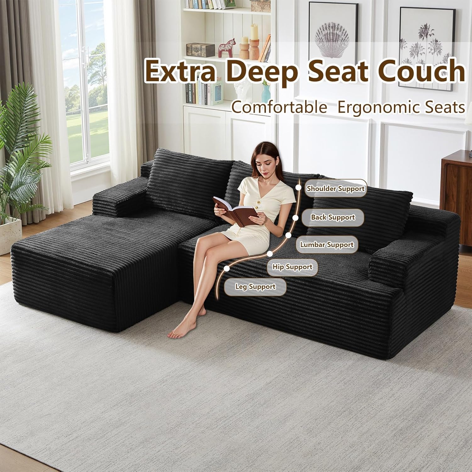 96" Modular Sectional Sofa Couches L-Shape Couch 3 Seat Modular Sofa Corduroy Memory Foam Sectional Boneless Couches for Living Room, Cloud Couch with Oversized Chaise(Black, Left Facing)