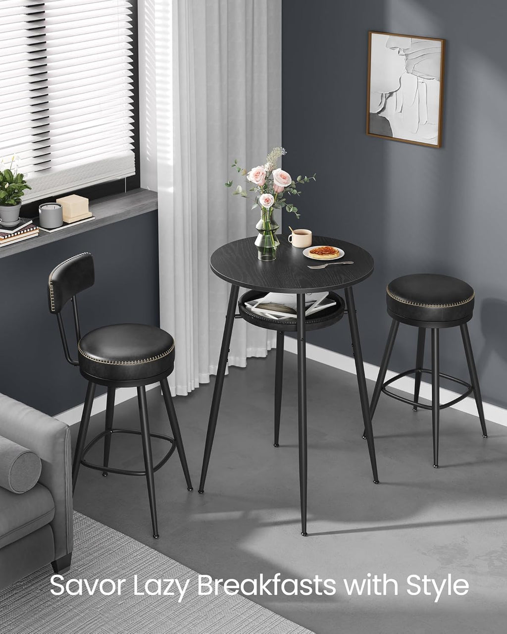 VASAGLE EKHO Collection - Bar Table with Storage, Round High Pub Table, Synthetic Leather with Stitching, Mid-Century Modern, Kitchen Home Bar, Living Room, Easy Assembly, Ebony Black and Ink Black