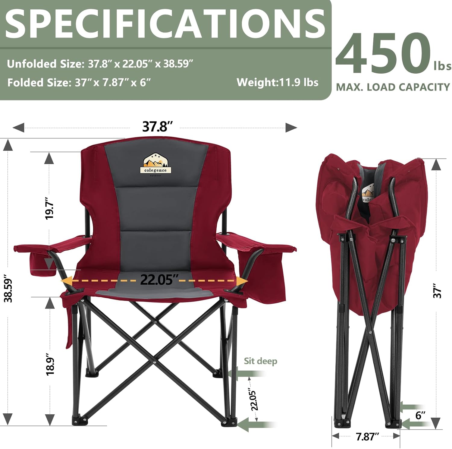 Colegence Oversized Folding Camping Chairs - 450 LBS Support Heavy Duty Camp Chair with Padded Cushion, Portable Outside Chairs with Carry Bag，Cooler, Cup Holder for Outdoor, Lawn, Sports - Red