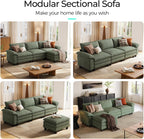 LINSY HOME 123'' Modular Sectional Sofa Green Couch Corduroy Cloud Couches for Living Room, L Shaped Couch with Movable Ottoman, Modern Cloud Sectional Sofas for Bedroom and Apartment, Green