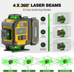 Alloyman 4x360°Self Leveling Laser Level, 12 Ft./3.7M Professional Laser Level Pole with Tripod, Green Line Lazer Leveler Tool with 2* Li-ion Batteries for Picture Hanging, Tile, Home Renovation