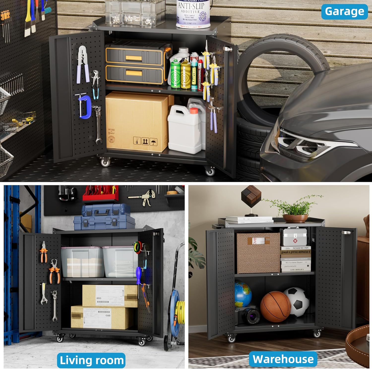 Metal Storage Cabinet on Wheels,Lockable Garage Storage Cabinet with Wheels Pegboard Pushing Hand for Office Home Warehouse, Assembly Required, Black,13.8 "D x 26" W x 31.5" H