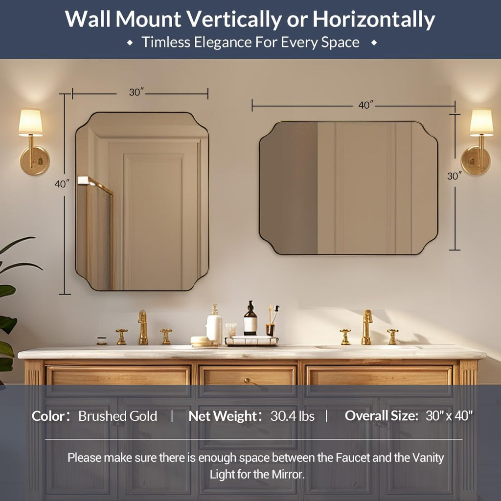 Gold Bathroom Mirror 30x40 Inch, Scalloped Brass Mirrors for Bathroom Sink, Notched Corner Rectangle Mirror in 1'' Stainless Steel Metal Frame Home Remodel Wall Mount Vertical/Horizontal