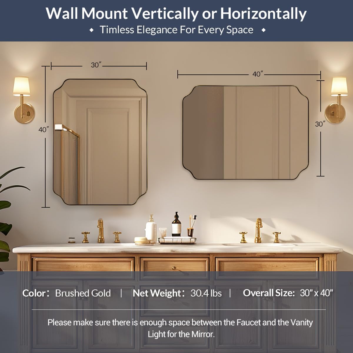 Gold Bathroom Mirror 30x40 Inch, Scalloped Brass Mirrors for Bathroom Sink, Notched Corner Rectangle Mirror in 1'' Stainless Steel Metal Frame Home Remodel Wall Mount Vertical/Horizontal