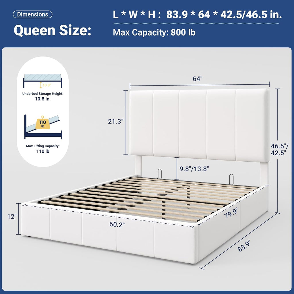 Allewie Queen Size Velvet Lift Up Storage Bed Frame, Vertical Channel Tufted Headboard, Hydrualic Underneath Storage, Upholstered Platform Bed, Wooden Slats Support, No Box Spring Needed, White