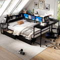 Bellemave Twin Corner Bed Frame with Desk and Storage, Twin Captains Bed with Charging Station,LED Light, Wood Daybeds with L-Shaped Bookcase and 2 Drawers, Black