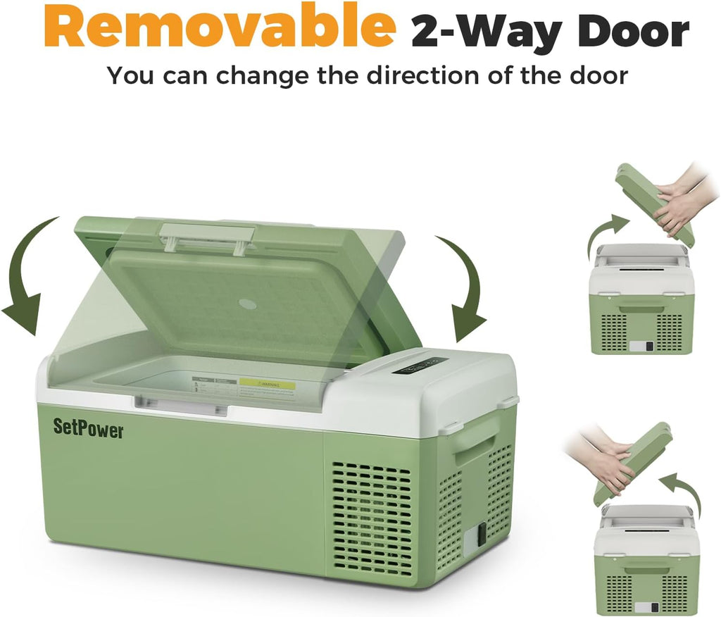 Setpower FC15 Portable 12v Refrigerator, -4℉-68℉ Fast Cooling Car Refrigerator, 15L/15.8Qt Car Fridge Portable Freezer with 12/24V DC & 110/240V AC, Electric Cooler (Green, 15L With AC Adapter)