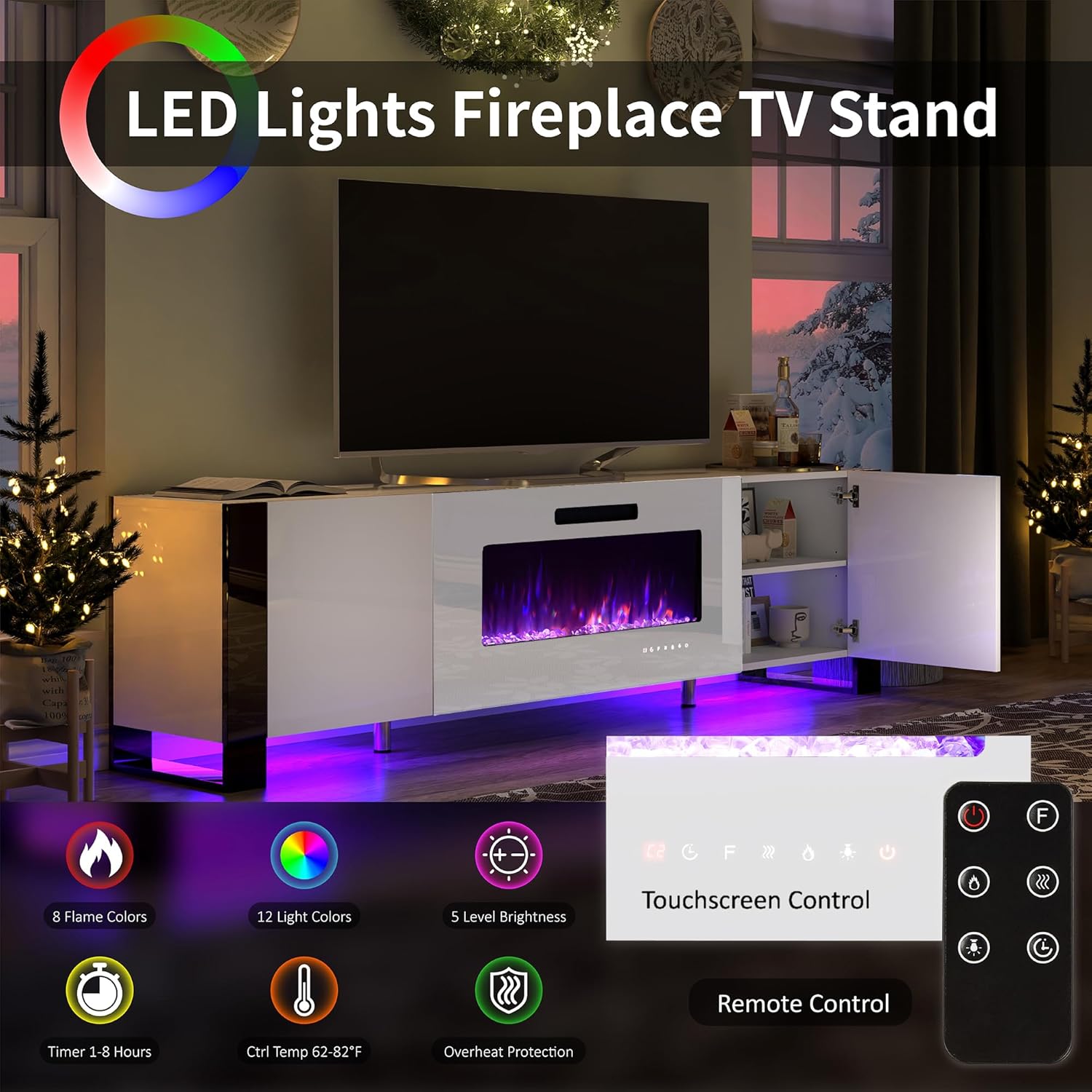 VanAcc 70" Fireplace TV Stand with 36" Electric Fireplace, High Gloss Entertainment Center with LED Lights, Modern Entertainment Stand for TVs up to 80", White