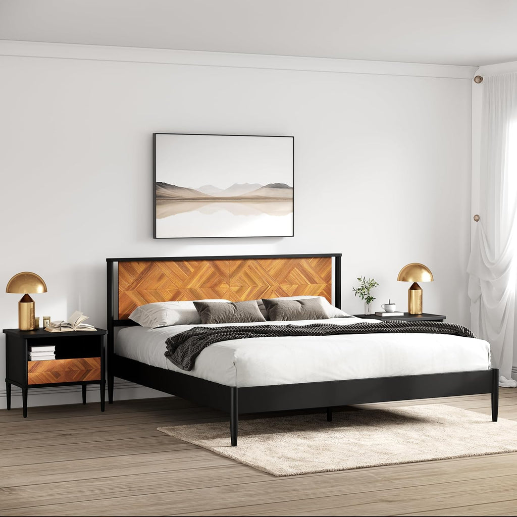 14 Inch Premium Solid Wood Bed Frame with Headboard, Rustic Farmhouse Style Platform Bed Made of 100% Solid Acacia Wood, No Box Spring Needed, King Size, Rustic Golden Brown (Lenia Collection)