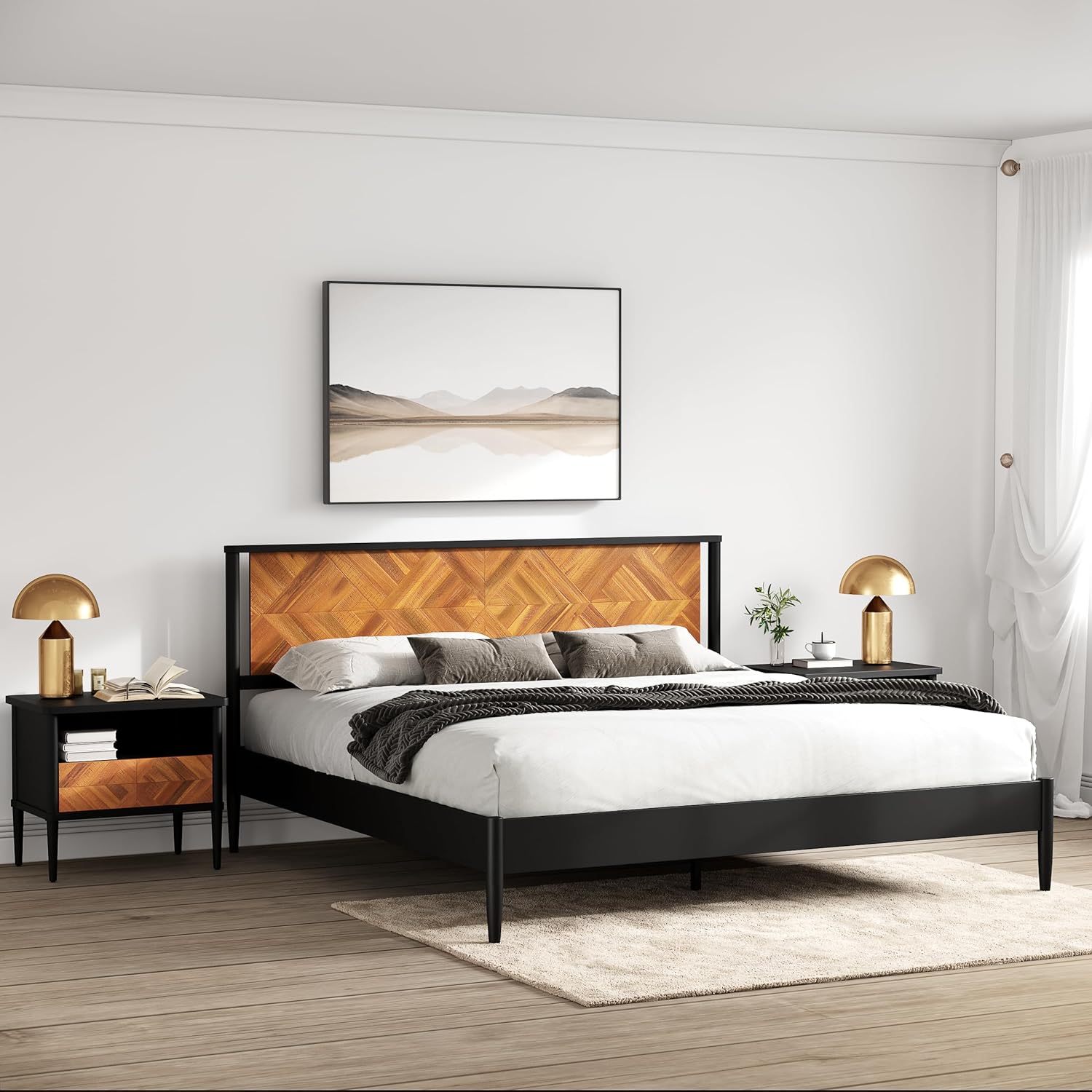 14 Inch Premium Solid Wood Bed Frame with Headboard, Rustic Farmhouse Style Platform Bed Made of 100% Solid Acacia Wood, No Box Spring Needed, King Size, Rustic Golden Brown (Lenia Collection)