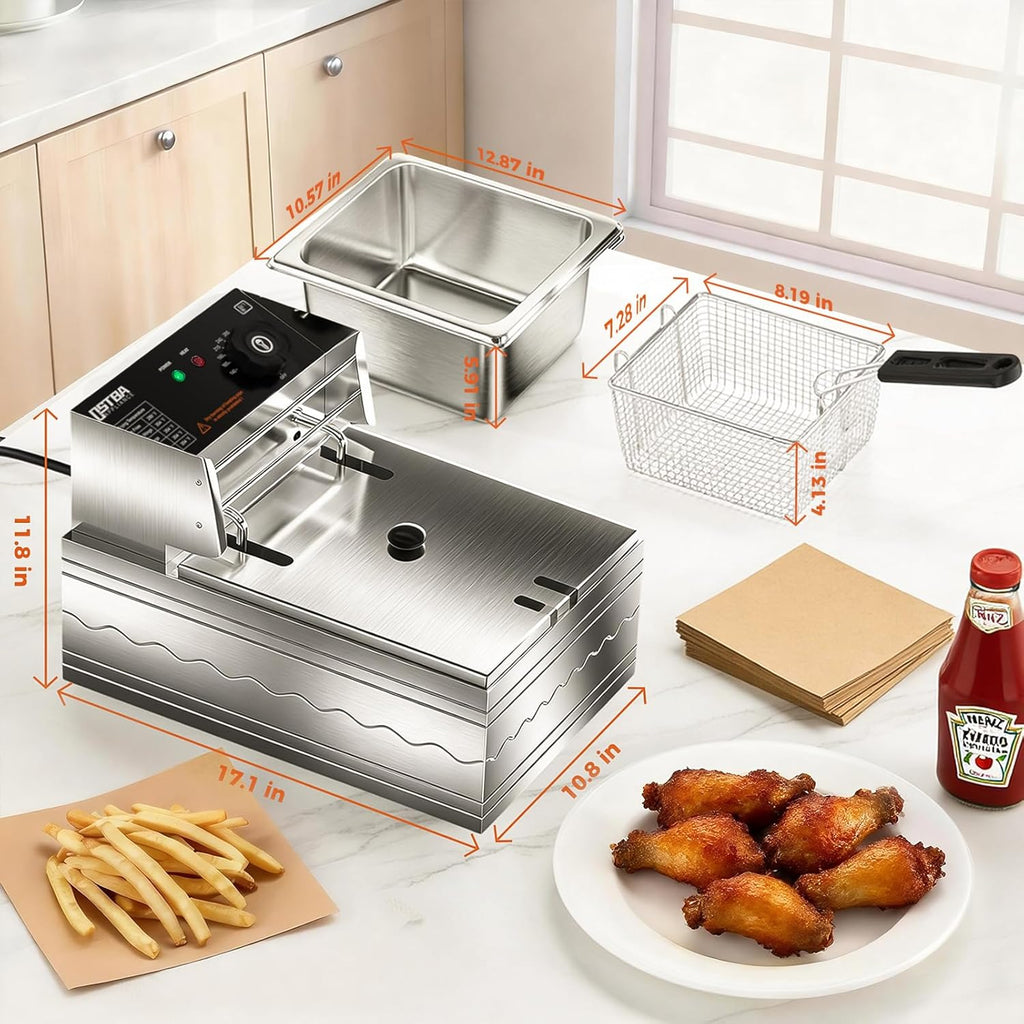 OSTBA Electric Deep Fryer with Basket, 10.36QT Countertop Fryer, 1600W Stainless Steel Commercial Deep Fryer with Adjustable Temperature 140–390℉, Removable Basket & Oil Tank
