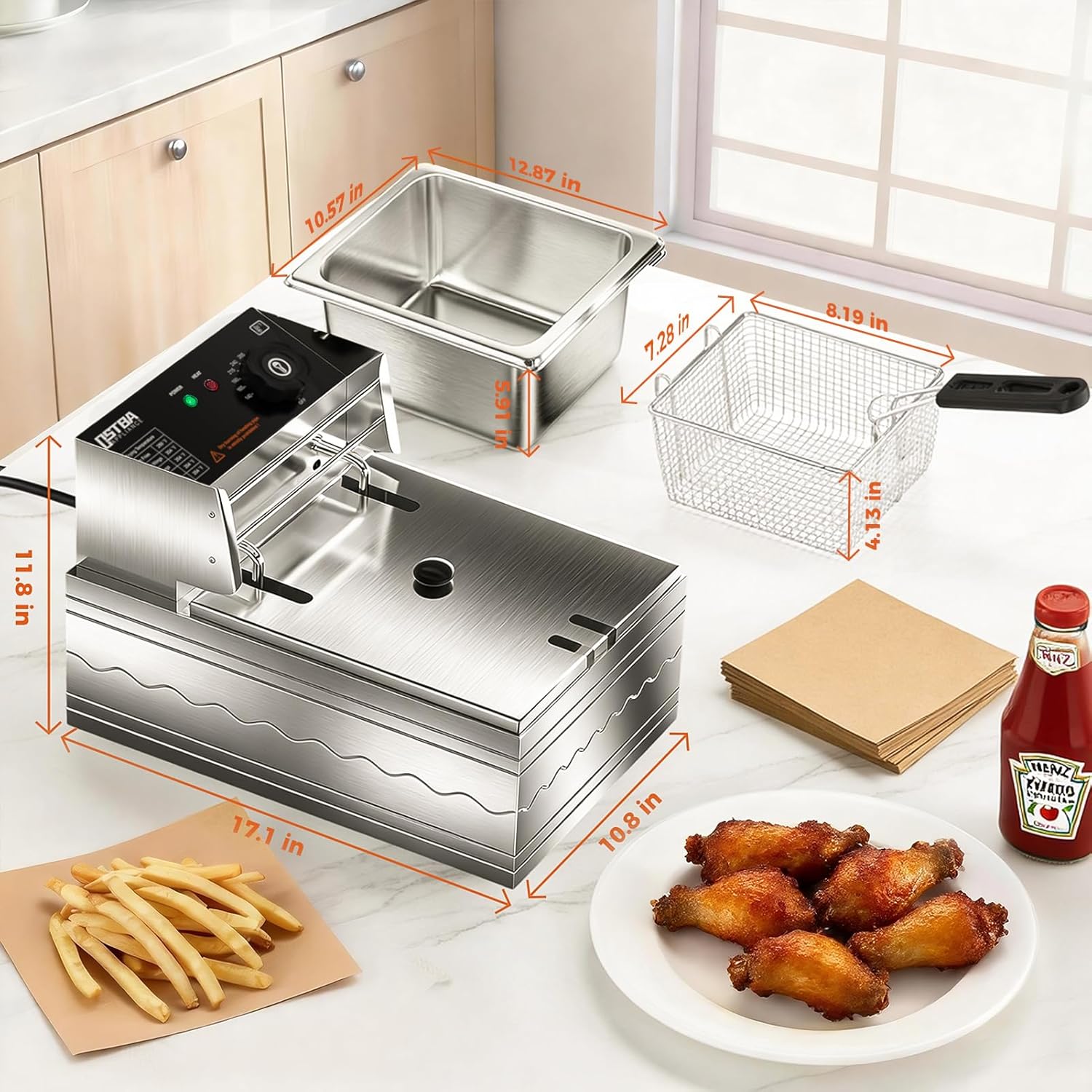 OSTBA Deep Fryer with Basket, 10.36QT Deep Fryer, 1600W Stainless Steel Commercial Deep Fryer with Adjustable Temperature 140–390℉, Removable Basket & Oil Tank